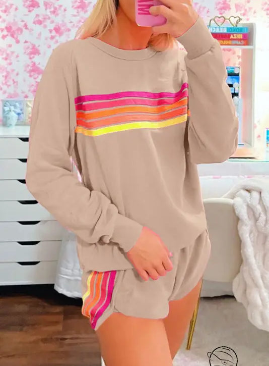 Beige loose slim fit casual two-piece set with rainbow stripes