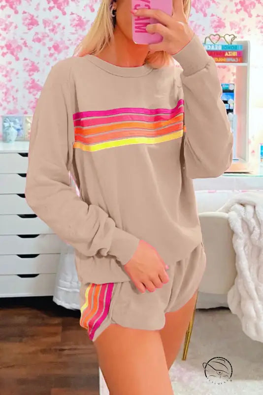 Beige loose slim fit casual two-piece set with rainbow stripes
