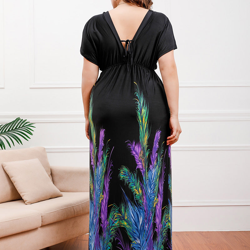Black maxi dress with feather print from Holiday Beach Dress collection, perfect for fashion and ملابس enthusiasts