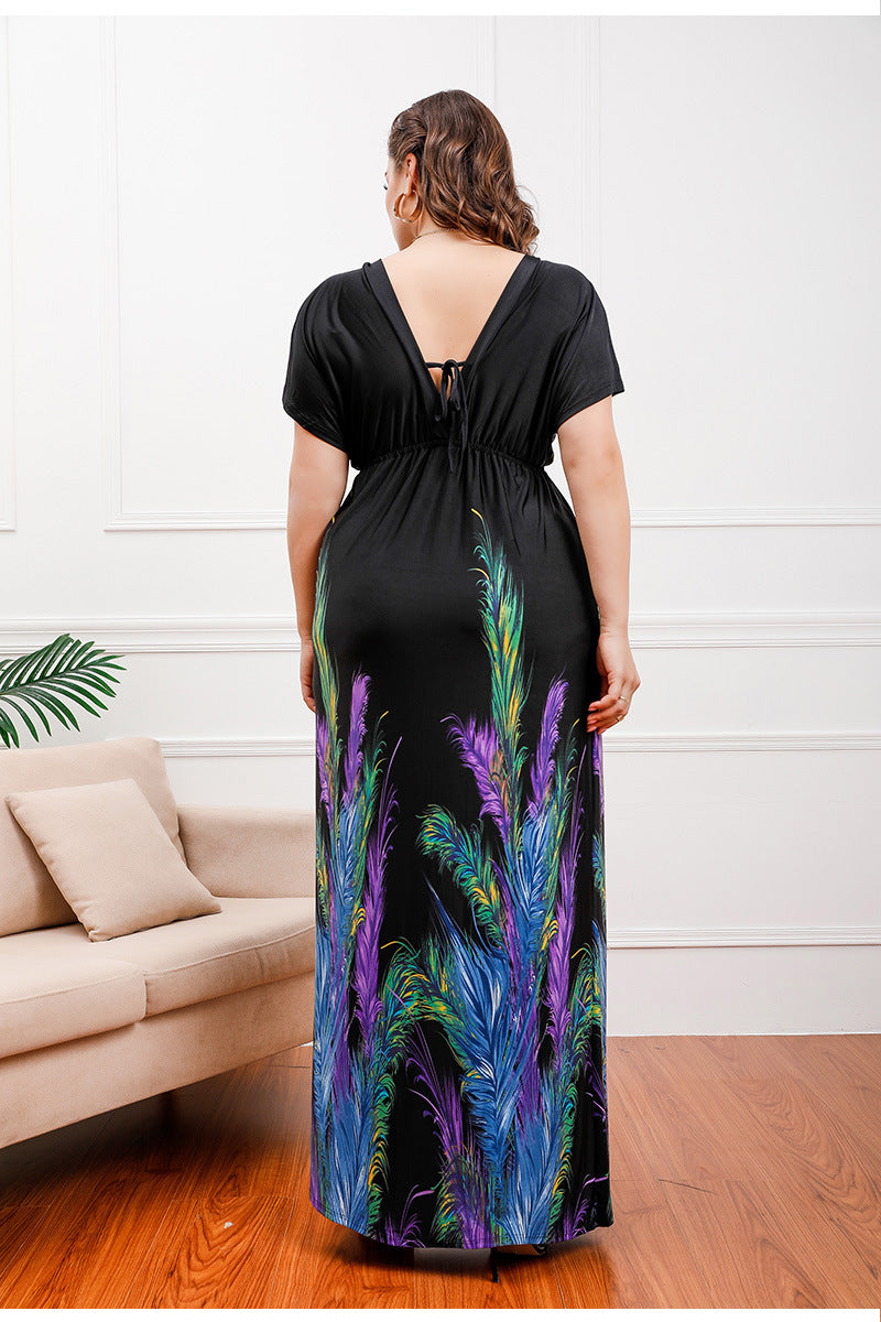 Black maxi dress with feather print from Holiday Beach Dress collection, perfect for fashion and ملابس enthusiasts