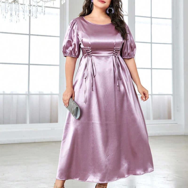 Elegant lilac satin midi dress from the Cute Short Sleeve Long Pattern Dress collection for fashion enthusiasts