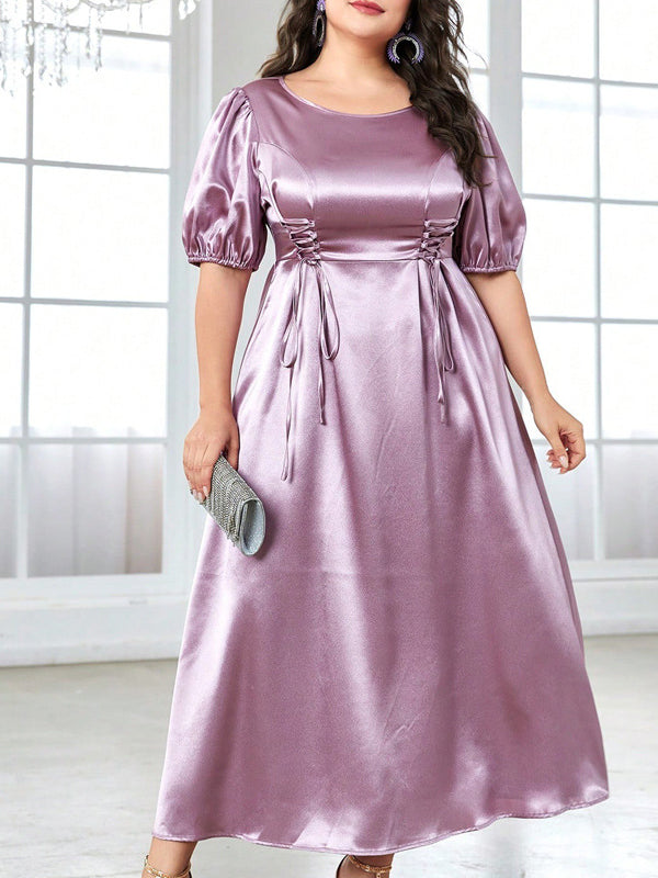 Elegant satin lilac midi dress from Cute Short Sleeve Long Pattern Dress collection, perfect for trendy ملابس and fashion enthusiasts