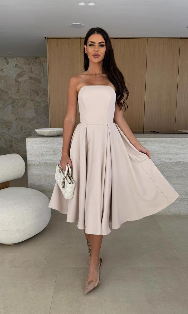 Strapless beige Gorgeous Midi Dress ideal for langry fashion and stylish ملابس choices