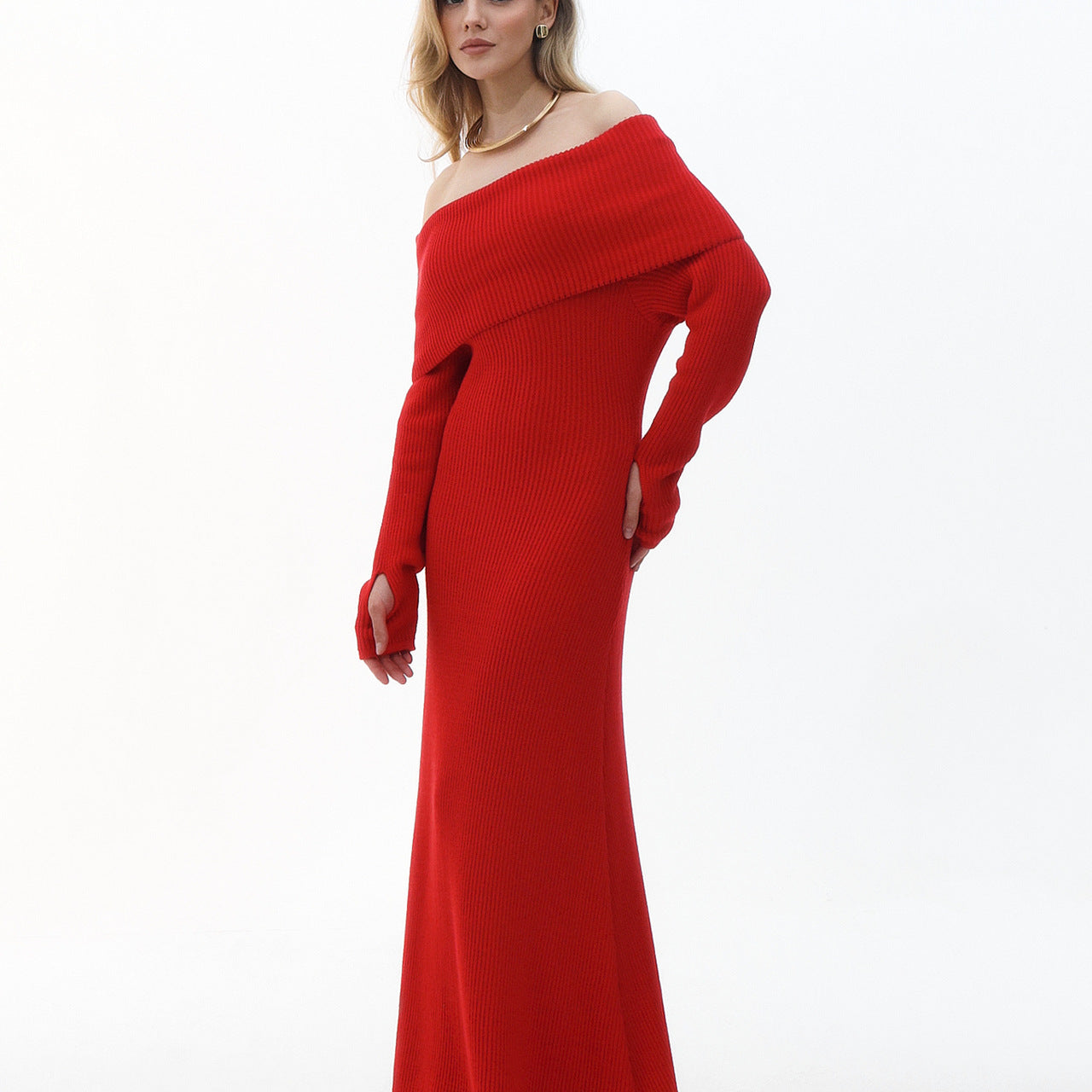 Elegant red off-the-shoulder formal dress showcasing fashion and ملابس for stylish events