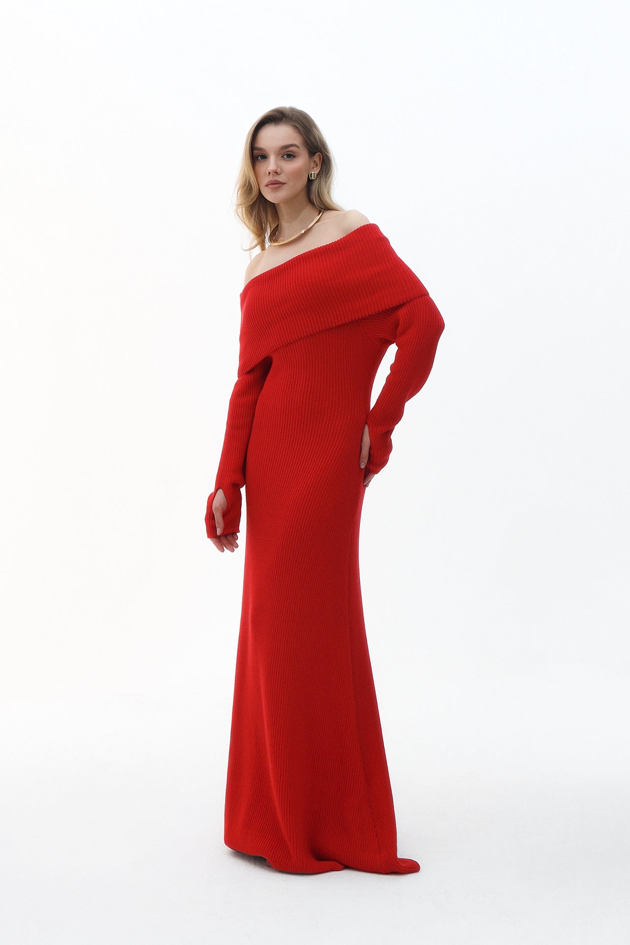 Elegant red off-the-shoulder formal dress showcasing fashion and ملابس for stylish events