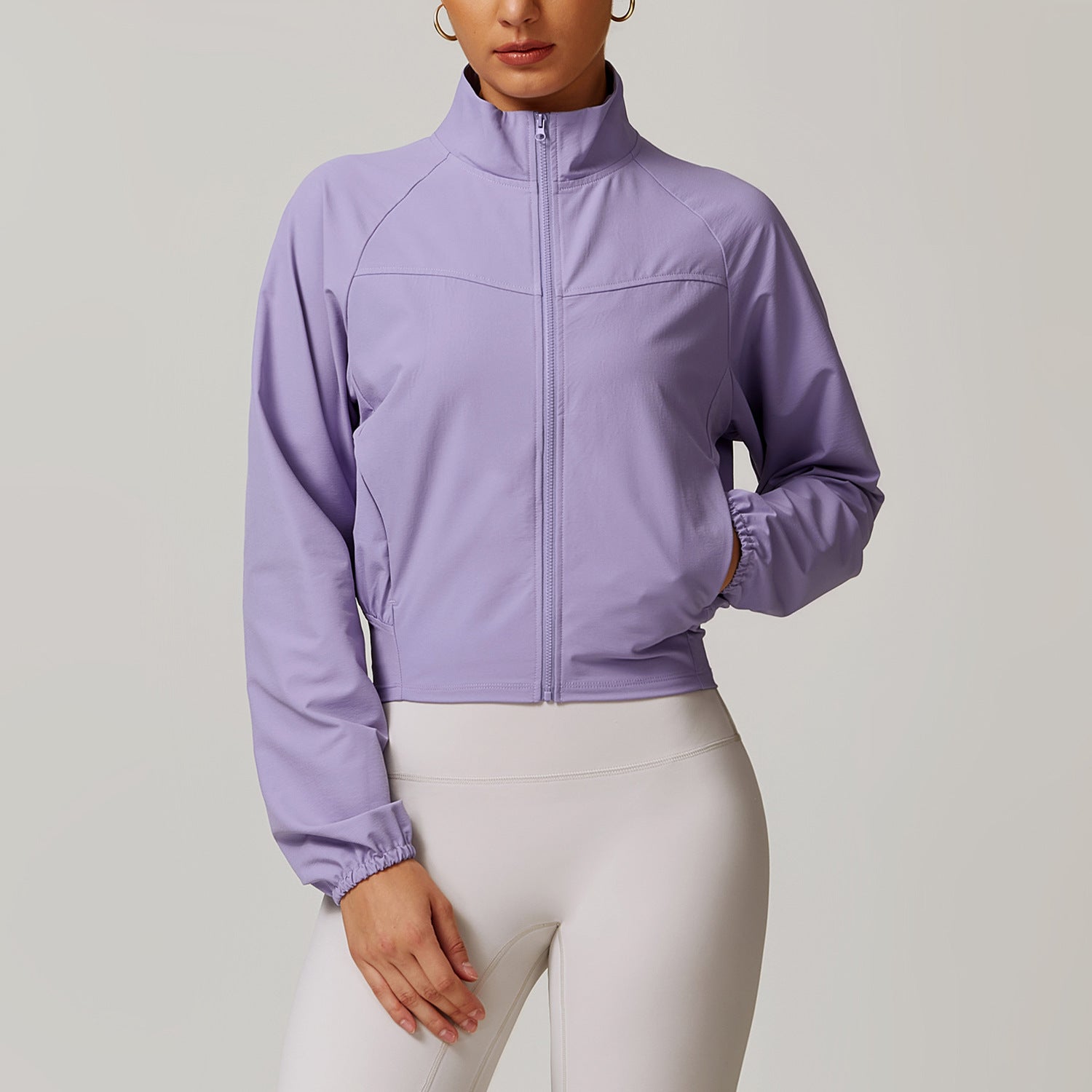 Lilac Quick Drying Stand Collar Sports Jacket with mock neck and elastic waistband