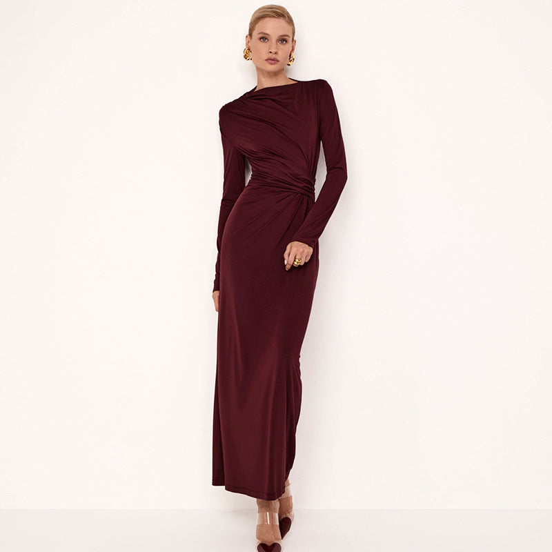 Elegant Burgundy Long-Sleeved Maxi Dress from Intellectual Elegant Dress collection, perfect for fashion and ملابس enthusiasts