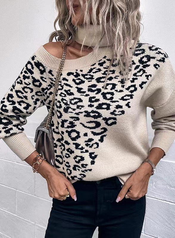 Langry Leopard Print Stud Winter Sweater with Off-Shoulder Neckline