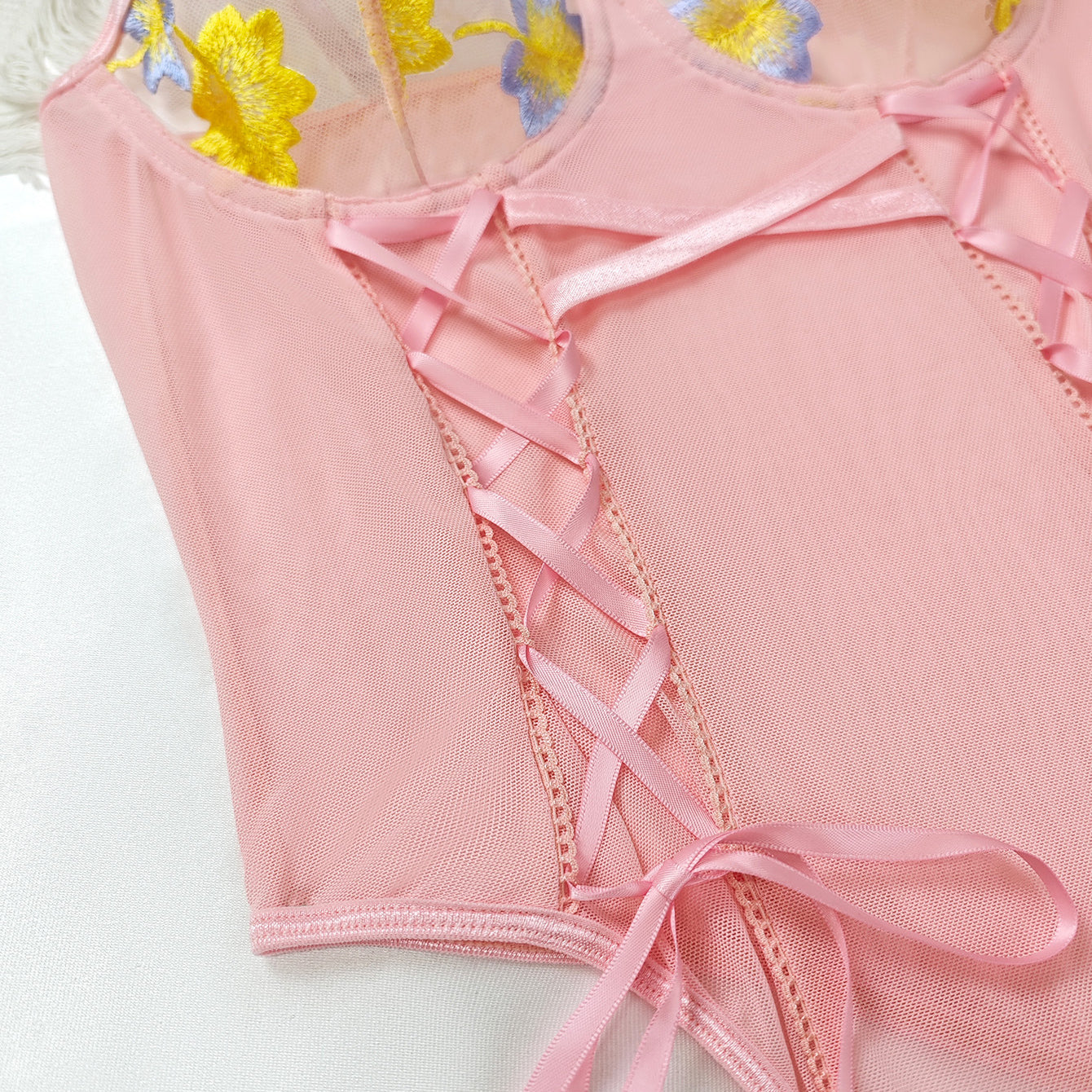 Pink floral lace langry bra with bow and underwire support