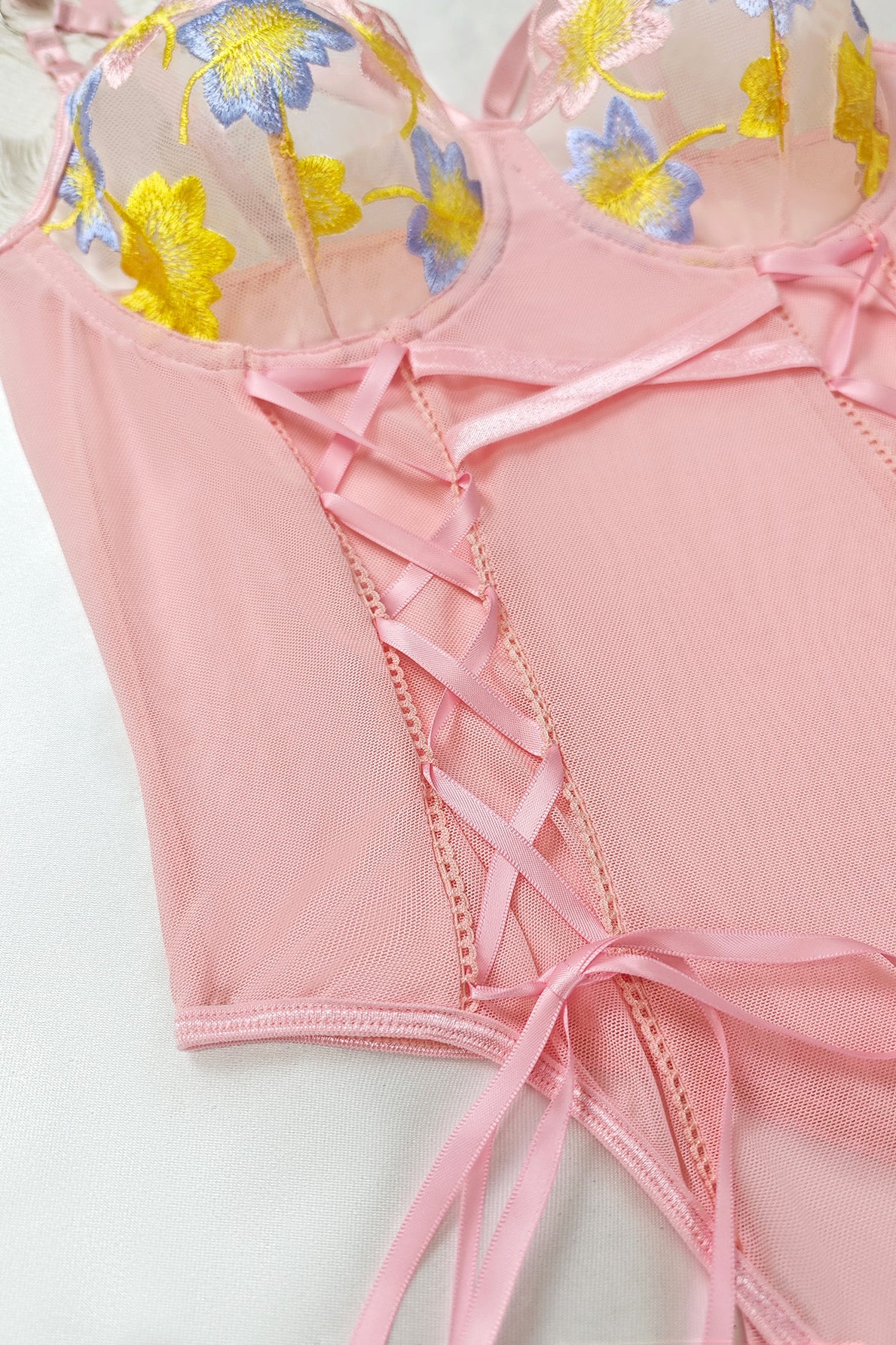 Pink floral lace langry bra with bow and underwire support