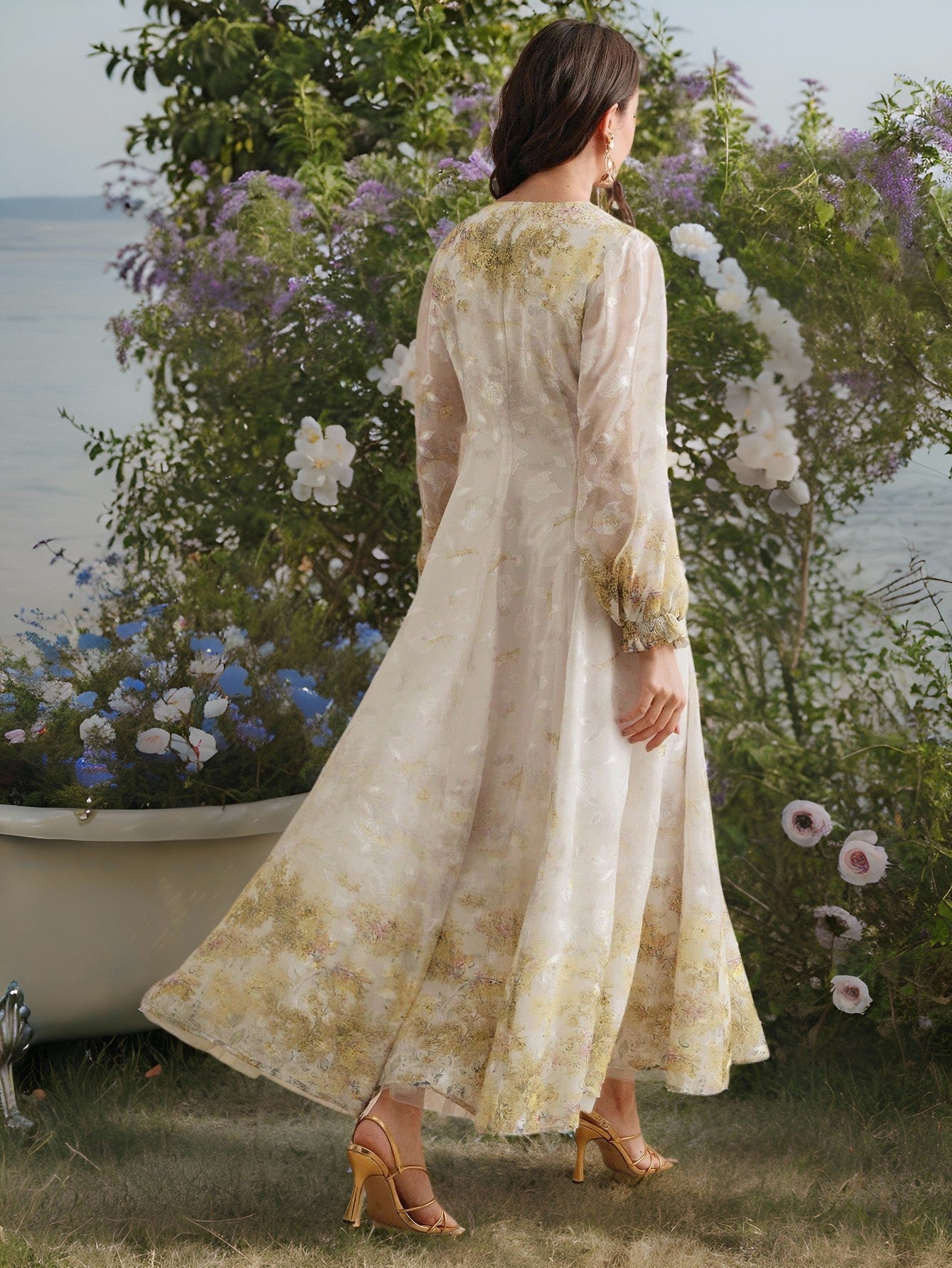 Enchanting Heavy Industry maxi dress with cream floral embroidery