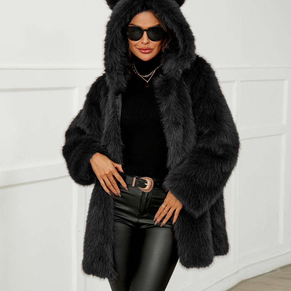 Sleek black faux fur hooded cat ear coat in Langry fashion