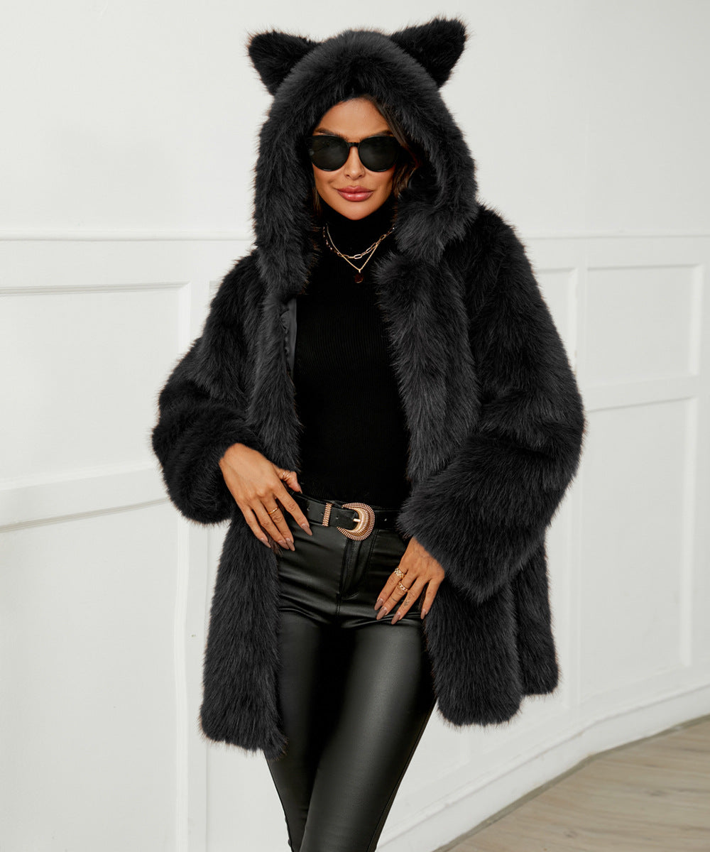 Sleek black faux fur hooded cat ear coat in Langry fashion