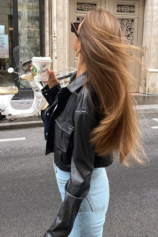 Langry fashion black leather jacket with silver zipper details