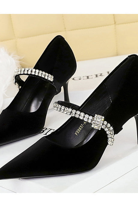 Elegant Langry black velvet high-heeled fashion shoes with rhinestone accents