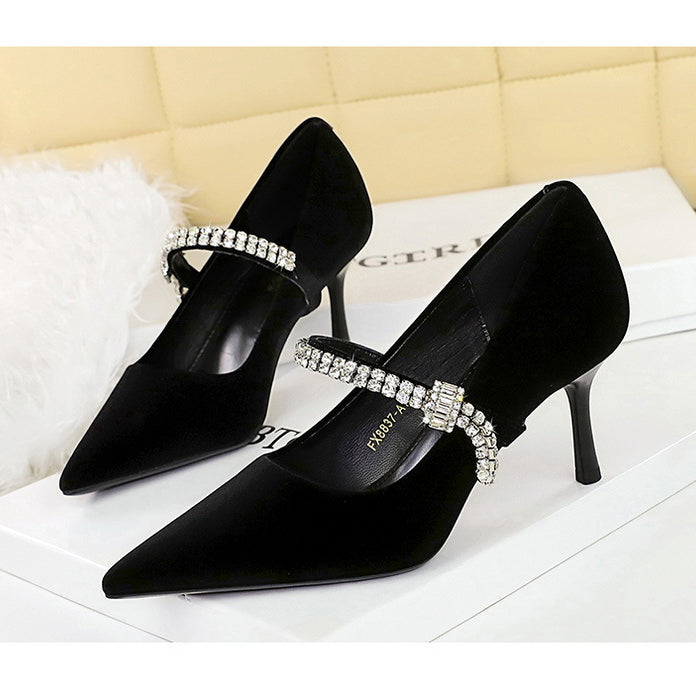 Elegant Langry black velvet high-heeled fashion shoes with rhinestone accents