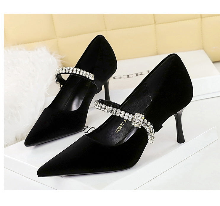 Elegant Langry black velvet high-heeled fashion shoes with rhinestone accents
