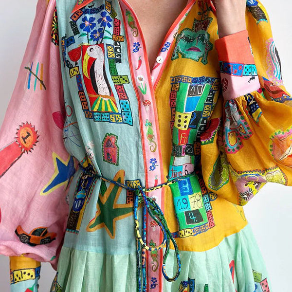 Single Breasted Long Lantern Sleeve Graffiti Printing Lace Up Large Swing Dress