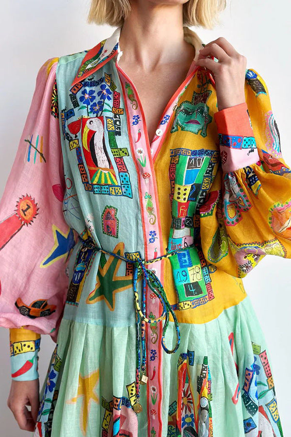 Single Breasted Long Lantern Sleeve Graffiti Printing Lace Up Large Swing Dress