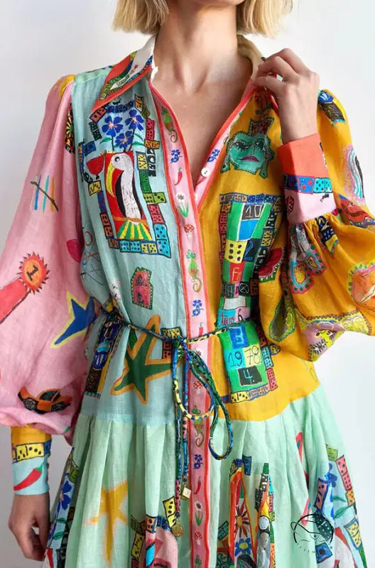 Single Breasted Long Lantern Sleeve Graffiti Printing Lace Up Large Swing Dress