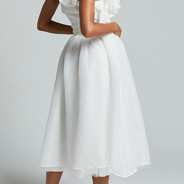 Elegant white midi dress with ruffled cap sleeves for stylish langry fashion looks