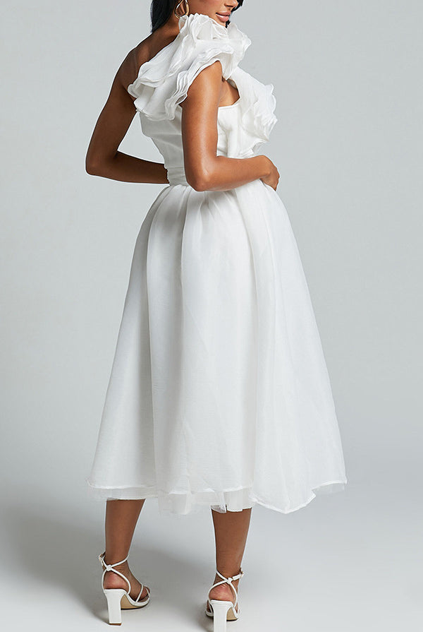 Elegant white midi dress with ruffled cap sleeves for stylish langry fashion looks