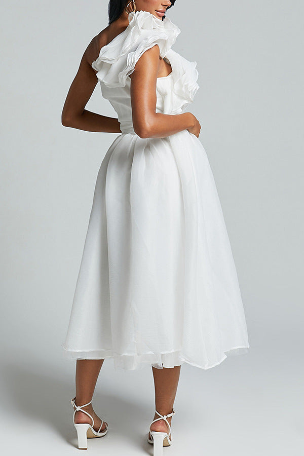 Elegant white midi dress with ruffled cap sleeves for stylish langry fashion looks