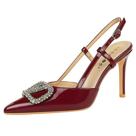 Langry fashion burgundy patent leather slingback high heel with crystals