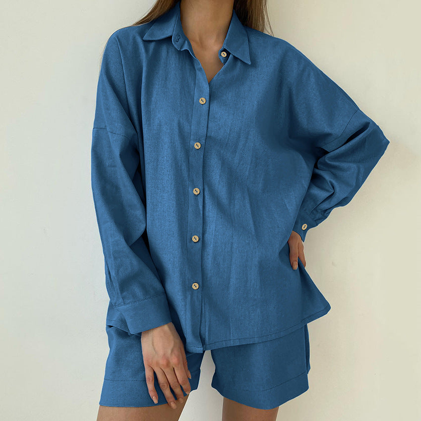 Blue linen shirt and shorts set from Casual Winter Pajamas for a stylish langry fashion look
