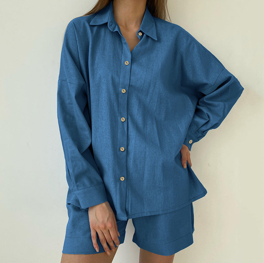 Blue linen shirt and shorts set from Casual Winter Pajamas for a stylish langry fashion look