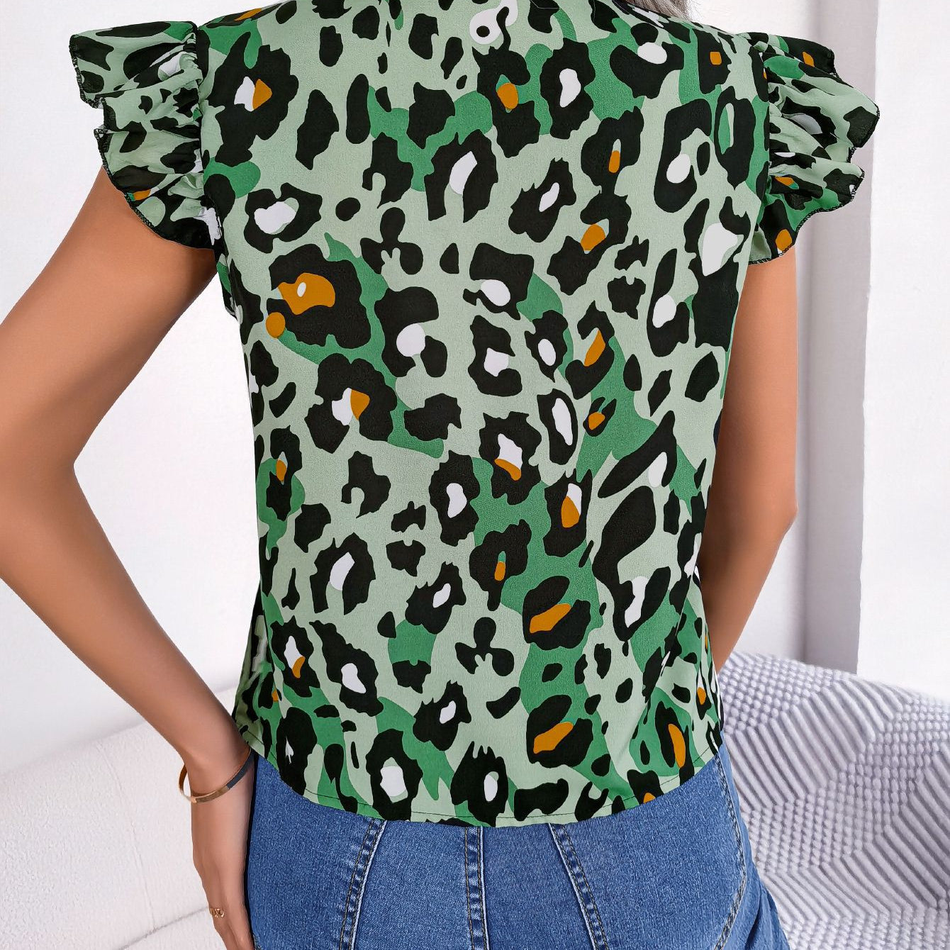 Light green casual leopard print blouse with ruffle sleeves for women