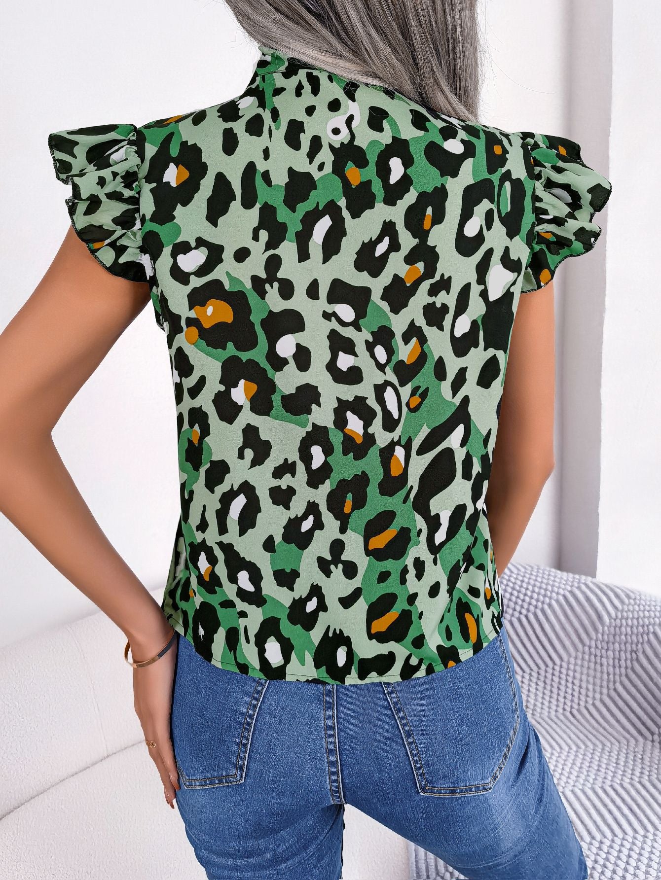 Light green casual leopard print blouse with ruffle sleeves for women