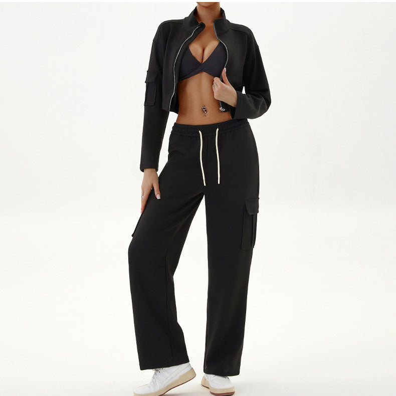 Black cropped jacket and cargo pants outfit from Women Autumn Winter Workwear Casual Sports Sets with zipper, ideal for langry fashion and ملابس
