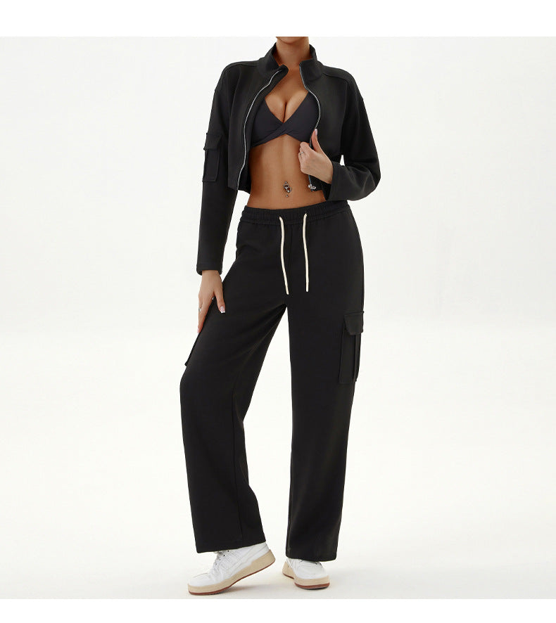 Black cropped jacket and cargo pants outfit from Women Autumn Winter Workwear Casual Sports Sets with zipper, ideal for langry fashion and ملابس