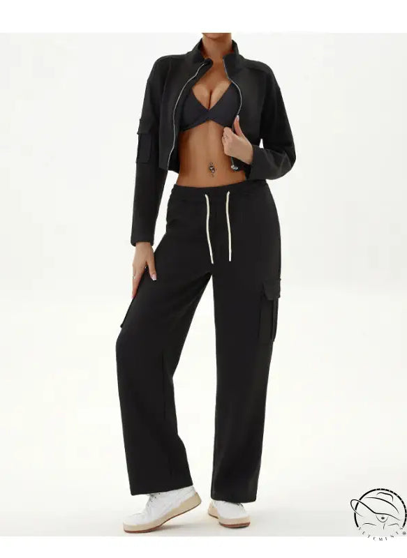 Black cropped jacket and cargo pants in winter workwear casual sports sets