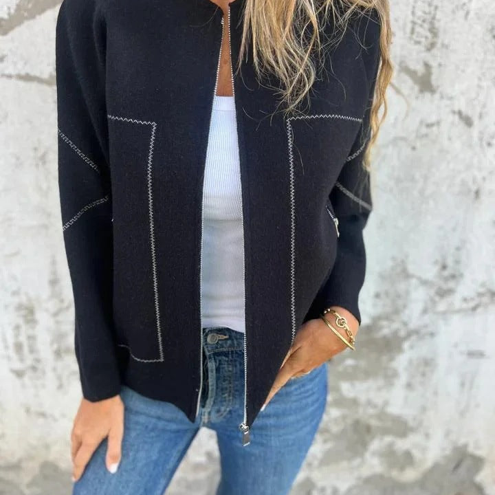 Black zip-up cardigan with white stitching, a stylish langry fashion ملابس piece
