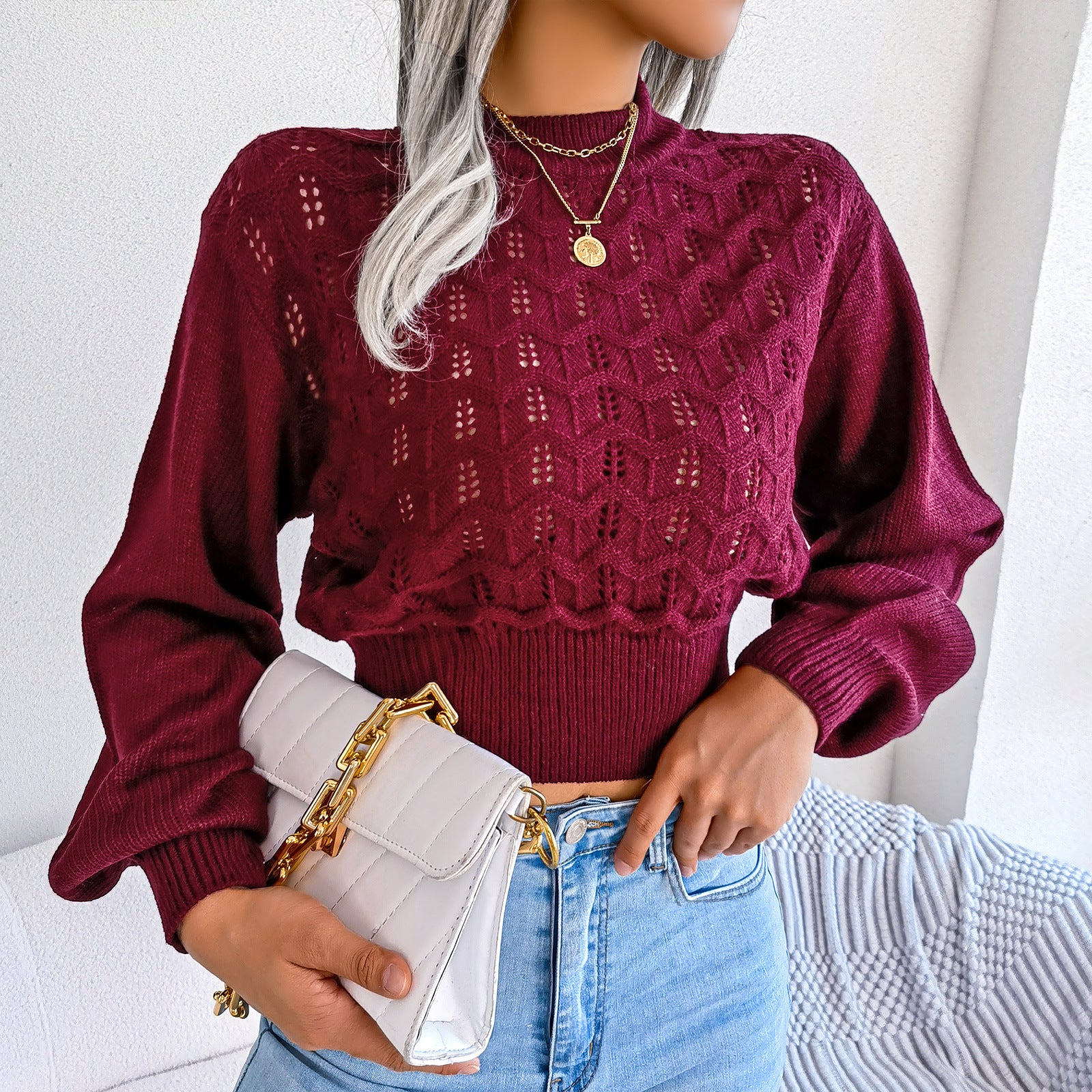 Burgundy Lantern Sleeve Cropped Knitted Sweater with openwork pattern for stylish fashion