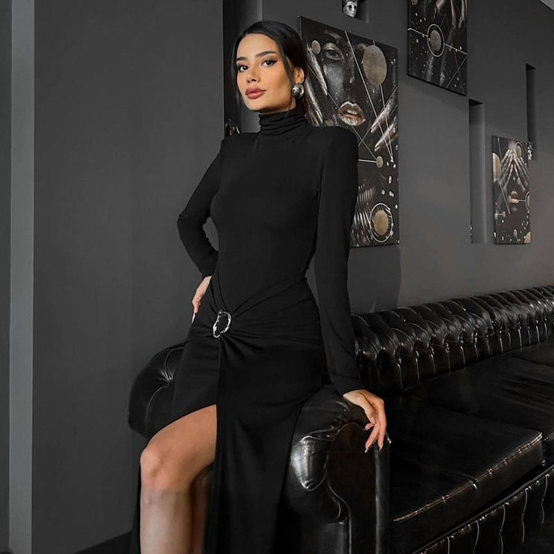 Elegant black turtleneck Enchantress Dress with side slit and belt detail for stylish fashion
