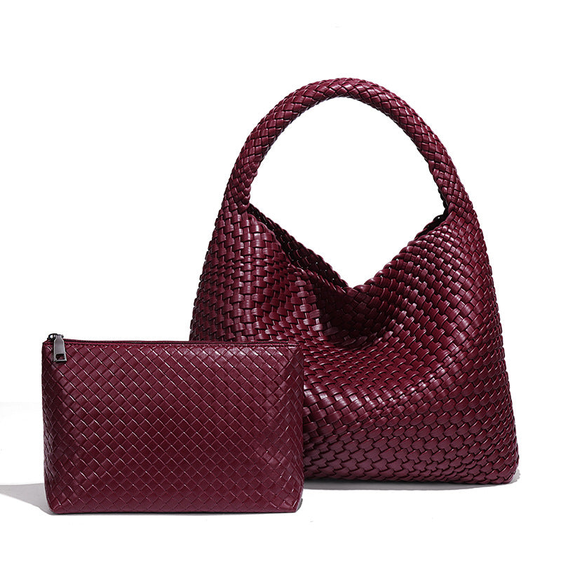 Burgundy woven leather hobo bag and pouch, a stylish accessory for modern fashion