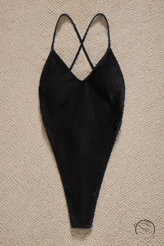 Black ribbed one-piece bikini with crossed back straps by Langry fashion