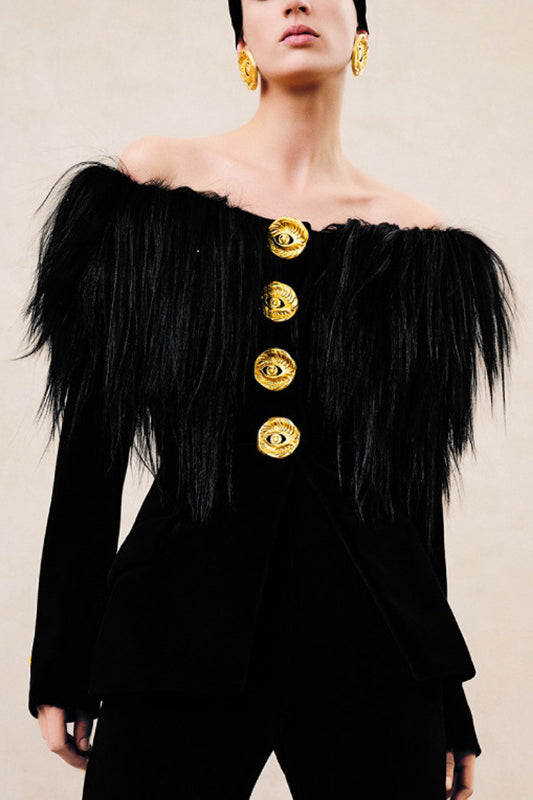 Langry elegant fashion black velvet off-the-shoulder blazer with feathered sleeves and gold buttons