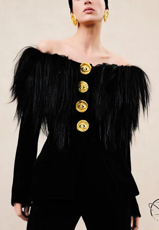 Elegant langry fashion black velvet off-shoulder top with feathered sleeves