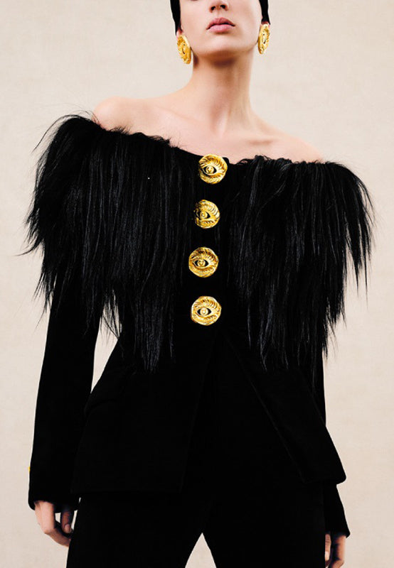 Langry elegant business blazer: black velvet off-shoulder top with feathered sleeves and gold buttons
