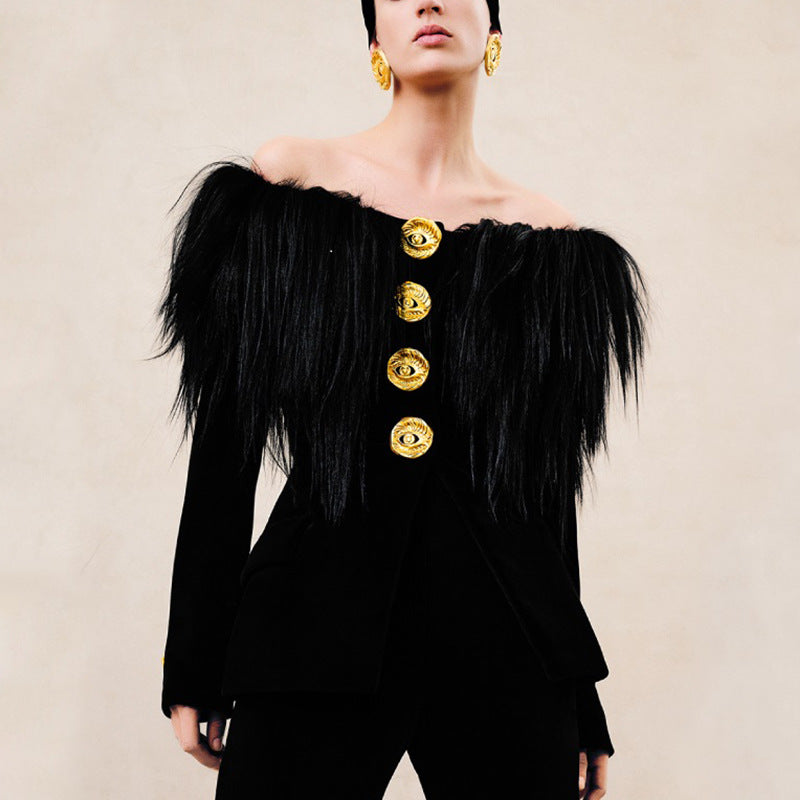 Langry elegant business blazer: black velvet off-shoulder top with feathered sleeves and gold buttons