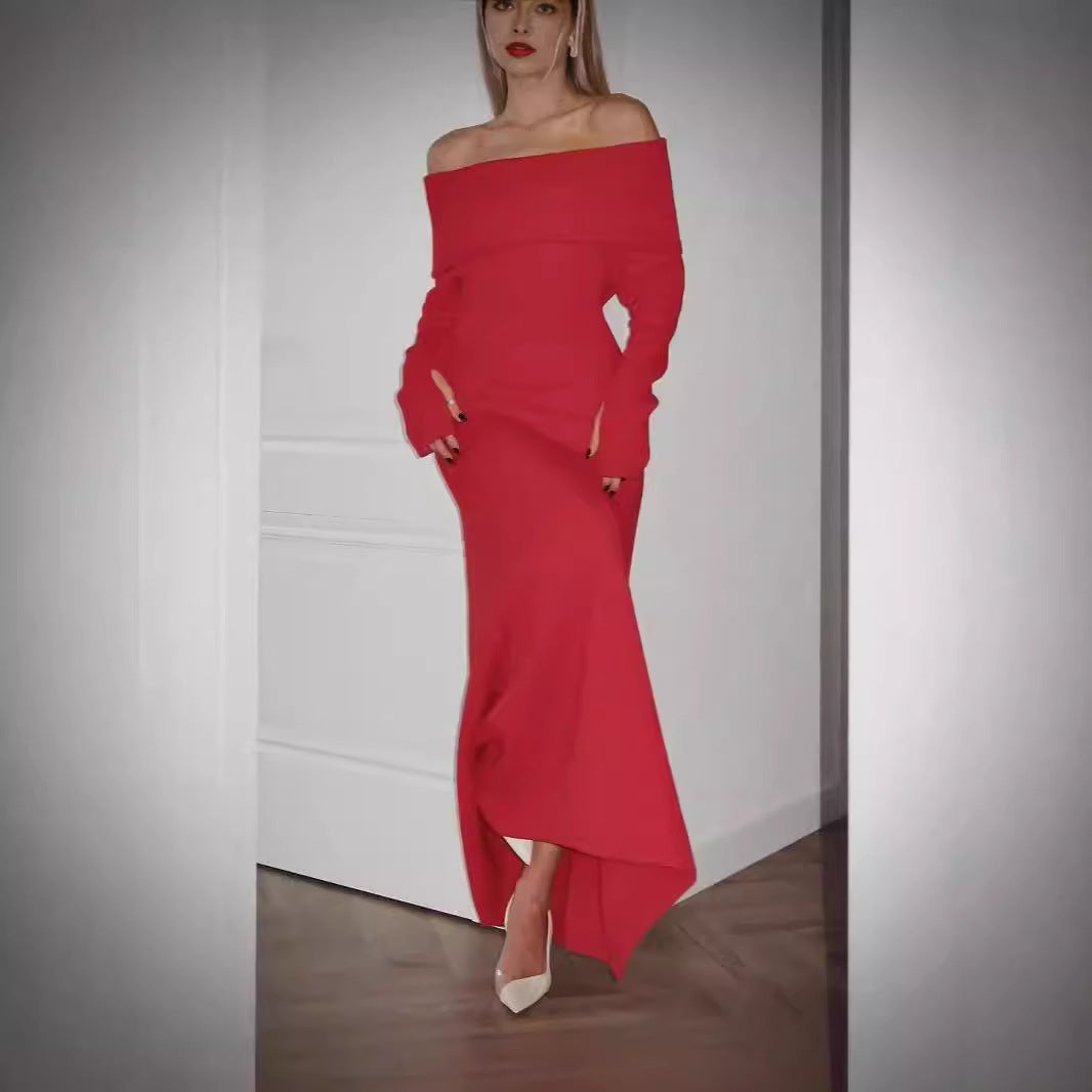 Red off-the-shoulder gown from Elegant Off Shoulder Formal Dress, perfect for fashion enthusiasts
