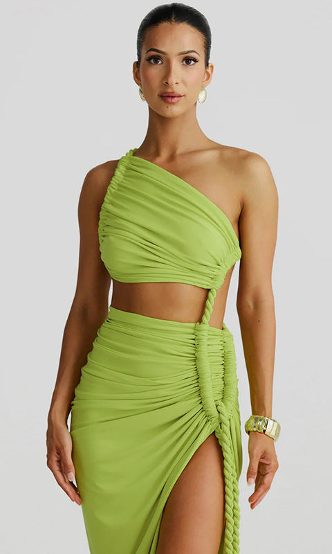 Lime green one-shoulder dress from Stunning Cutout Lace Pleated Dress for stylish fashion ملابس