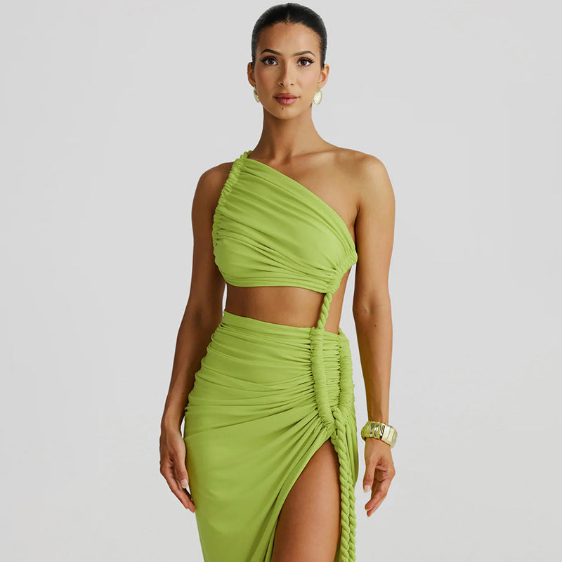 Lime green one-shoulder dress from Stunning Cutout Lace Pleated Dress for stylish fashion ملابس