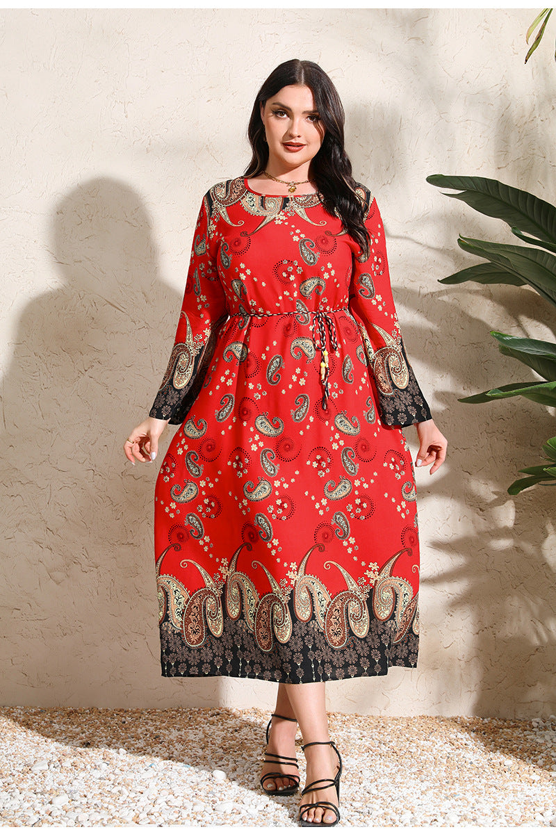 Ethnic Loose Maxi Dress Cashew Printed Long Sleeve