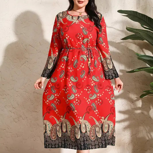 Ethnic Loose Maxi Dress Cashew Printed Long Sleeve