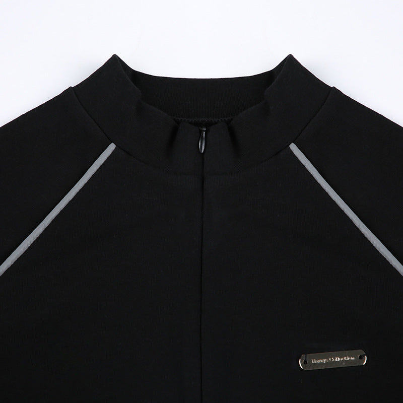 Mechanical Design Budding Strip Mesh Hollow out Cutout Stitching Waist Leakage Jumpsuit Long Sleeved Top